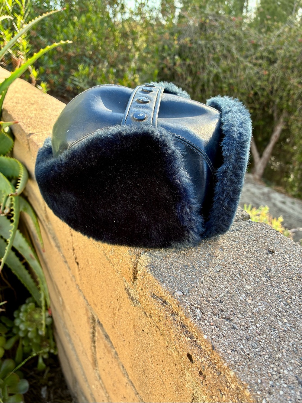 USA Vintage Faux Shearling Trim Leather Aviator Hat - Navy